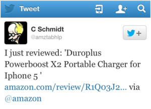 Review of Duroplus X2 iPhone 5 charger Twitter post